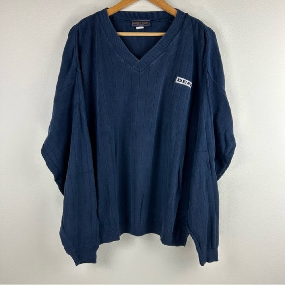 Vtg Preppy Casual Andrew Rohan Men’s XL Navy Blue Made in USA V-neck Cotton Swea